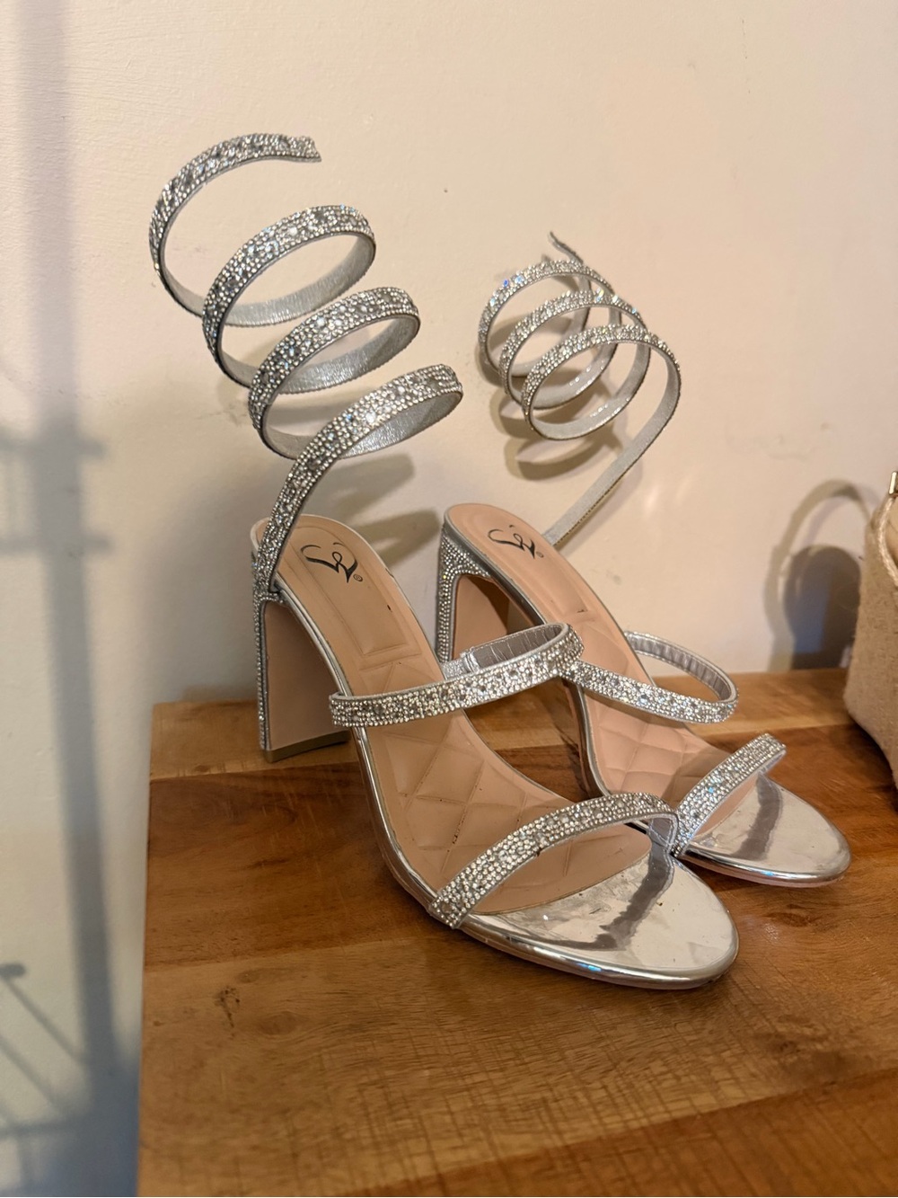 Windsor Silver Crystal Spiral Wrap Block Heel Sandals